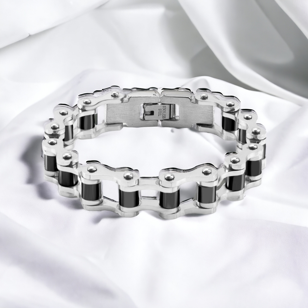 NEW Stainless Steel Silver & Black Bike Chain Bracelet W/ Snap Lock Clos…
